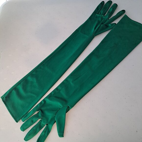 Green Satin Finish Opera Gloves 22" Halloween Costume Elegant Formal Stretch - Picture 5 of 9